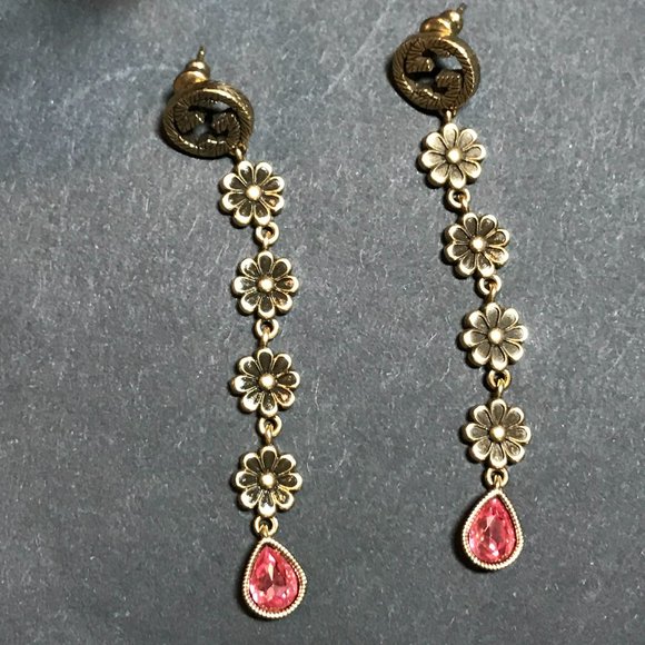 Gucci GG Marmont Pink Daisy Drop Earrings Silver 925 Aged Gold Finish GORGEOUS! - Picture 10 of 16